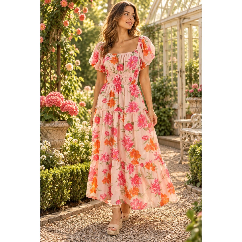 Trixxi Pink Floral Smocked Puff Sleeve Tiered Maxi Dress M Cottage Coquette Boho
